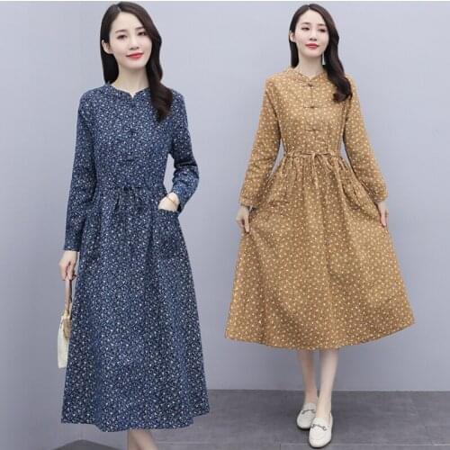 2021 Spring Elegant Casual 3XL Plus Size Midi Dresses Autumn Loose Vintage Print Cotton and Linen Dresses Women Bodycon Vestidos
