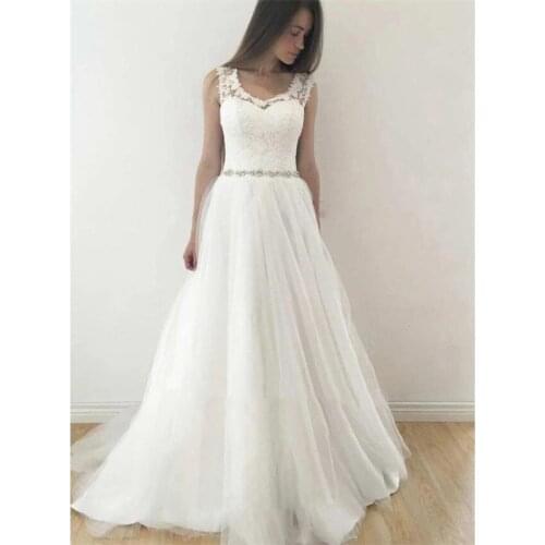 Elegant Sleeveless Scoop Neckline A Line Appliques Beaded Waist Tulle Wedding Dresses 2020 Women Bridal Gown Robe De Soiree