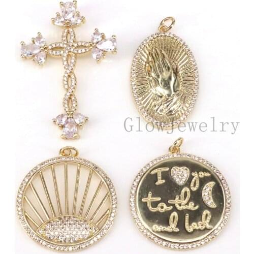 10Pcs ,Fashion Zircon Cross Round Hamsa Hand Charm Necklace Pendant ,for Necklaces Jewelry Making Pendants