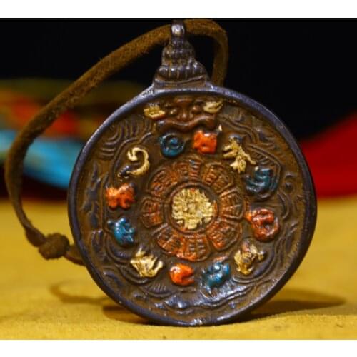2" Tibet Buddhism Old Bronze Tracing Jiugong Bagua Amulet Padmasambhava statue Pendant Ward off evil spirits Exorcism