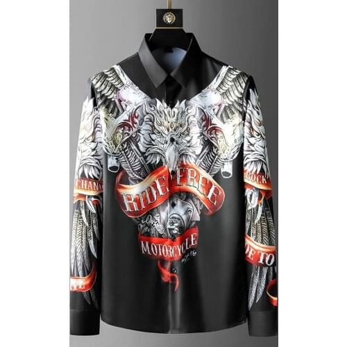2021 Luxury Eagle Print Mens Shirt Long Sleeve Casual Shirt Rhinestone Streetwear Social Party Blouse Camisas Para Hombre