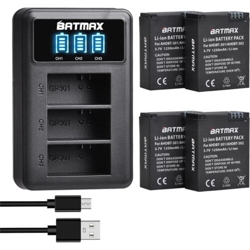 4Pcs 1250mAh AHDBT-301 Battery + LED USB Charger for GoPro Hero3 Hero3+ hero 3 hero 3+ Black Action Camera accessories