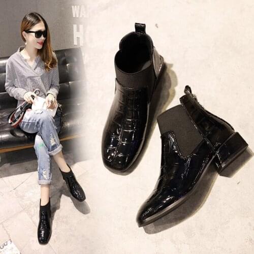 Japanned leather winter boots women crocodile pattern chelsea chunky booties square toe slip on ankle warm botines mujer 2020