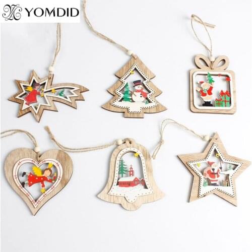 4PCS christmas wood pendant Xmas tree/Star/Bell Shape wooden Ornaments Home Party new year decoration hanging Ornament kids gift