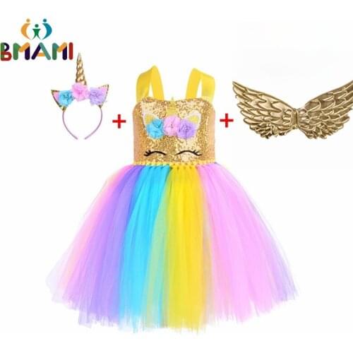 Rainbow Sequin Unicorn Kids Dress Up Costumes Princess Girl Dress Party Costume Halloween Girls Dresses with Wings Headwear