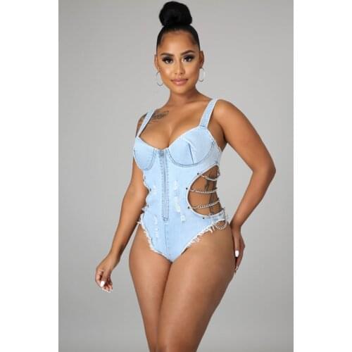 Jeans Club Bodysuit Sexy Women Spaghetti Strap Bodycon Denim Party Romper