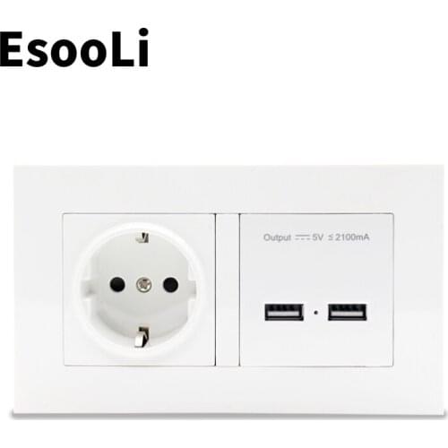 EsooLi Wall Socket EU Standard Power Outlet With Dual USB Smart Induction Charge Port For Mobile 2.1A PC Panel 146 mm*86 mm