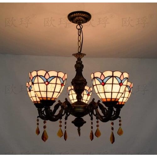 European 5 heads Living room dining room bedroom Crystal lamps Tiffany Stained glass Restaurant Pendant Lights 110-240V E27