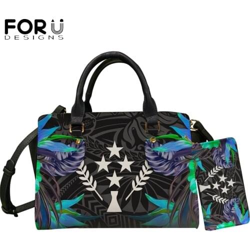 FORUDESIGNS New Trend Women Pu Totes Bags&Purse 2pcs Set Kosrae Micronesian Tropical Leaves Printed Leather Casual Shoulder Sac