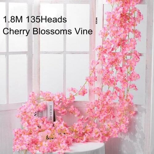 1.8M 135Heads Artificial Cherry Blossoms Flowers Vine Birthday Party Home Fance Decor Rattan DIY Wedding Arches Garland Wreath