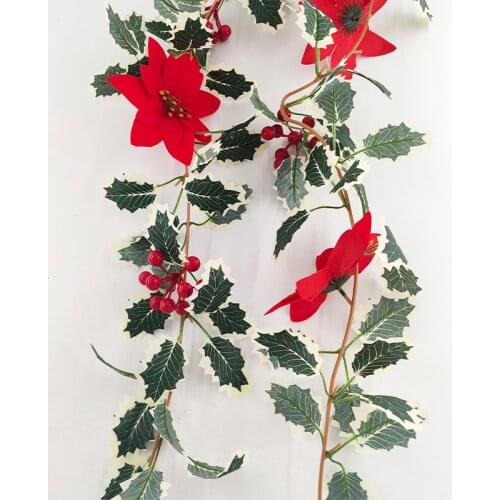 1.75m/2.45m Artificial Red Flower with Green Leaves Vine Wall Hanging Rattan Artificial Vine Christmas Vine Backdrop Wall Decor