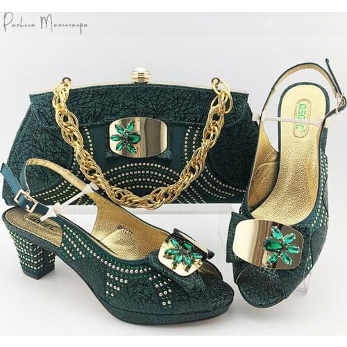 Italian Design Nigerian Fashion Style Ladies Matching Shoes and Bag Set Decorated With Rhinestone and Metal in D.Green Color