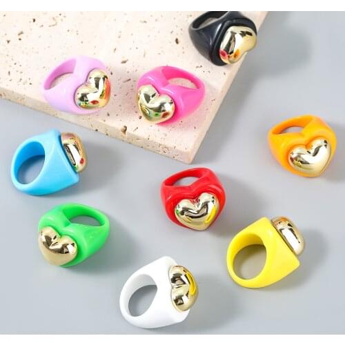 Hip Hop Candy Color Love Heart Shaped Resin Ring ethnic vintage punk yellow black Rings For Women jewerly Mens wholesale