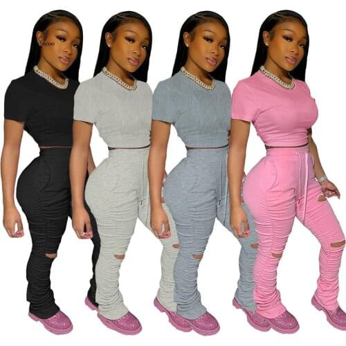 Two Piece Set Women Short-Sleeved Crop Top Holes Trousers Pleated Pants Solid Sports Two Piece Suits Home Suit Women Pants Sets