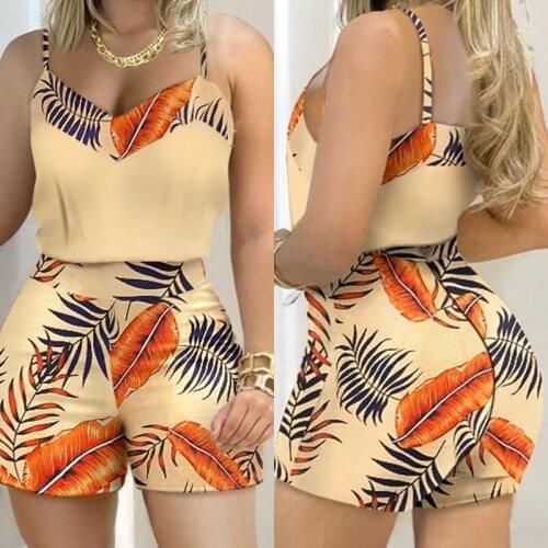 Summer Womens Shorts Suit Sexy Yellow Printed Two Piece Spaghetti Spilt Sets V Neck Short Crop Top ShortS Outfits Holiday