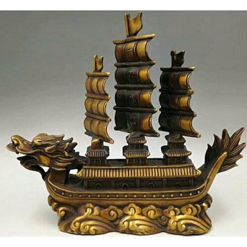 10" Old Chinese Copper Bronze Zodiac Dragon Sailing Boat Ship Lucky Statu