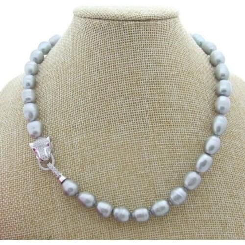 Beautiful NEW STUNNING 11-12mm South sea Silver Gray Pearl Necklace 18inch Leopard head clasp