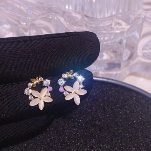 Sweet Cute Crystal Flower Butterfly Stud Earrings for Women Girls Bling Shining Zircon Stud Earrings Wedding Jewelry Accessories