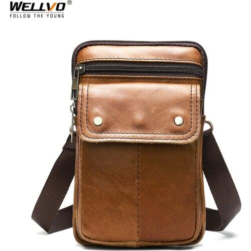 Men Genuine Leather Crossbody Bags Cell Phone Bag Waist Pack Retro Casual Shoulder Bags Waterproof Small Purse Brown XA789ZC