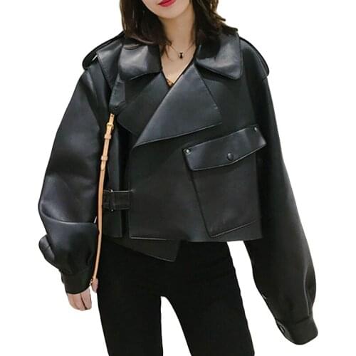 Nanshiyser Women Faux Leather Jacket Soft Loose Vintage Biker Coat Short Pocket Motor PU Black Jacket Autumn Street Leather Coat