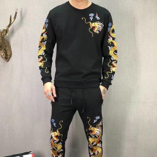 Embroidery Luxury Dragon Mens Tracksuit 2 Piece Set Sweatshirt And Pants Suits Sets Trainingspak Mannen 2020 Black Mens Set