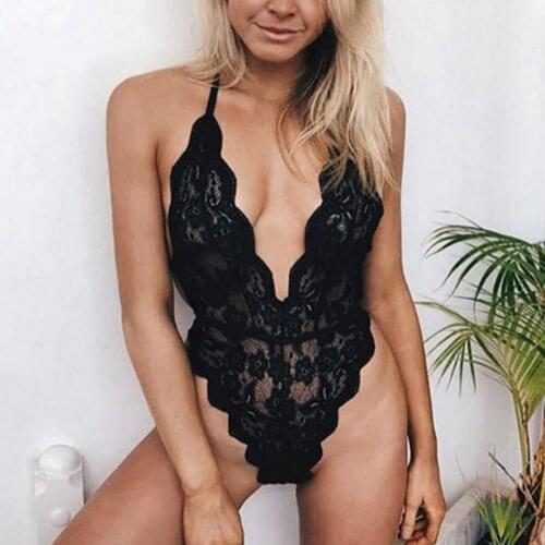 Neckband Sexy Backless Lace Jumpsuit Lingeries Teddy Bodysuit Sheer Clothing Spandex Deep V Bodystocking