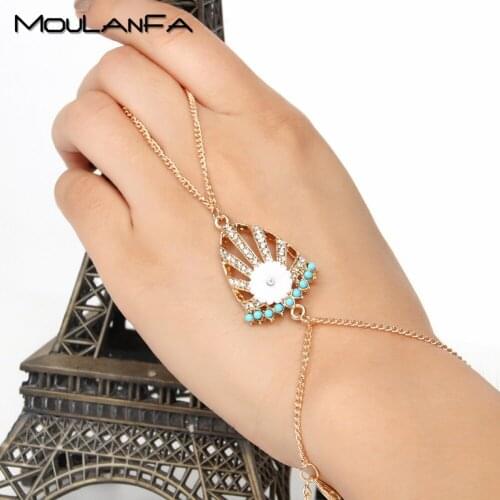 MOULANFA Blue beads women hand wear charm bracelet shell shape charm harness finger chain with resin flower