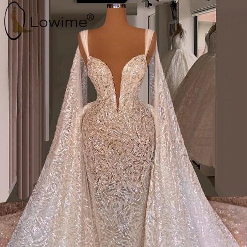 Dubai Ivory Mermaid Wedding Dresses with Removable Long Train Sexy Illusion Bridal Gowns Customise Plus Size Overskirts
