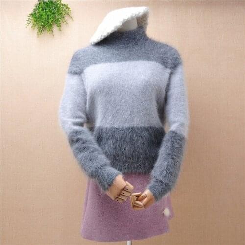 Top mujer women fashion hairy mink cashmere knitted long sleeves loose pullover angora rabbit fur winter jumper sweater top pull