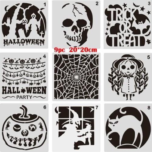 9PC 20*20cm Halloween Hollow Graffiti Painting Template DIY Bullet Journal Stencil Scrapbook Album Decoration Cake template