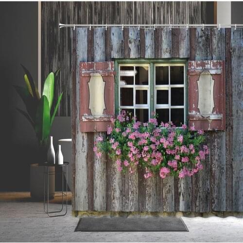 Vintage Flower Wood Window Shower Curtain Retro Shabby Wooden Grain Ancient Greek Street View Home Bathroom Decor Bath Curtains