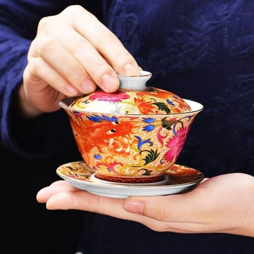 NEWYEARNEW Tea Tureen Cup Enamel Business Gift Chinese Style High Quality Tableware Drinkware Set Kung Fu Accessories