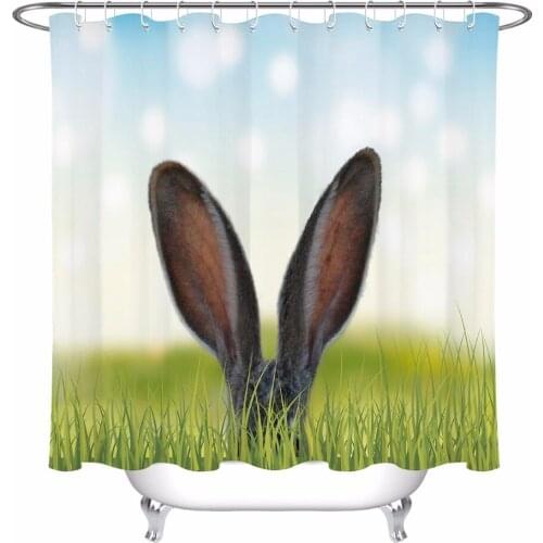 Green Grass And Rabbit Ears Shower Curtain Landscape Bathroom Extra Long Waterproof Washable Polyester Fabric for Bathtub Decor