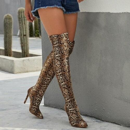 New Sexy Thigh High Over the Knee Boots Women Big Size Shoes Snakeskin Pointed Toe 11CM Thin High Heels Long Boots Bottine Femme