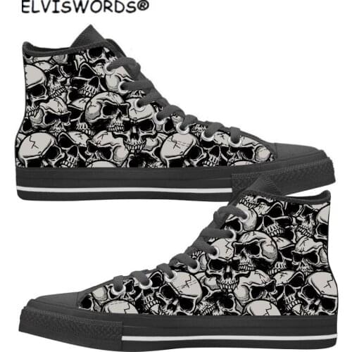 ELVISWORDS Dark Skull Prints Casual Ladies High Top Canvas Vulcanized Shoes Comfortable Walking Shoes for Women Zapatos de mujer