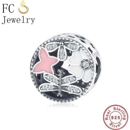 FC Jewelry Fit Original Brand Charm Bracelet 925 Sterling Silver Pink Dragonfly Butterfly Flower Bead Making Women Berloque