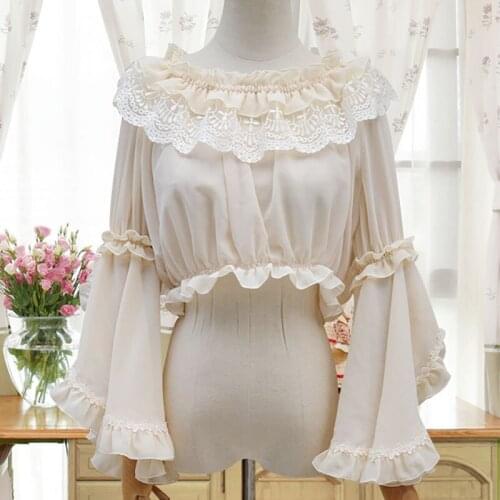 Layered Crop Tops Victoria Costume Long Bell Sleeves for Women Oversize Ladies Sweet Lolita Lace Blouse Neverland Chiffon Loose