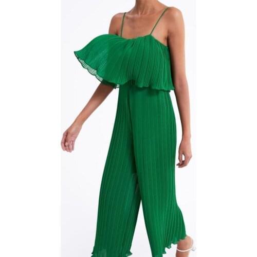 Good Quality Solid Chiffon Jumpsuits Women Pleated Ruffles Wide Leg Ankle Length Strapless Pants Fashion Womens Jumpsuit Pant