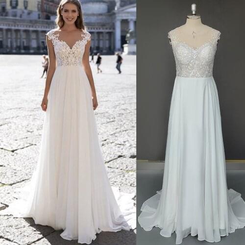 Sheer Back Sweetheart Short Sleeve Lace Applique A Line Sweep Train Bohemian Chiffon Bridal Gowns Ladies Wedding Dress