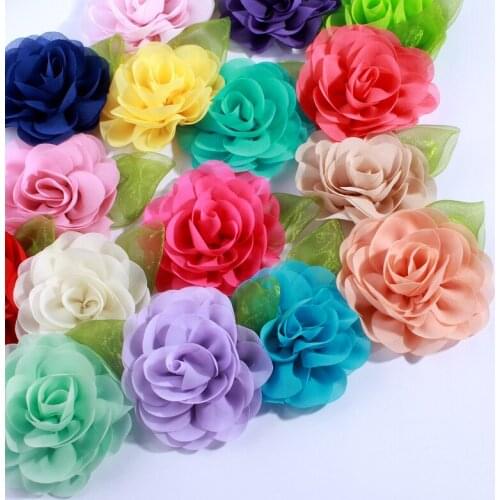 120PCS 8.5CM Big Beauty Green Leaf Chiffon Flowers For Hair Clips Petals Poppy Fabric Flower For Hair Accessories You pick Color