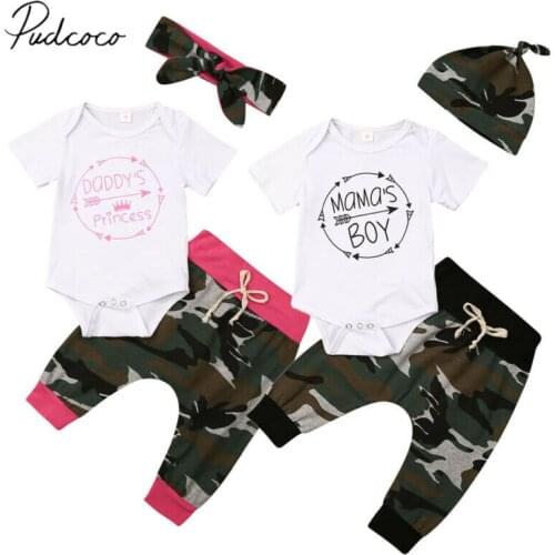 2019 Baby Summer Clothing Infant Toddler Baby Girls Boys Tops Letter Print Bodysuit Camo Long Pants Headband/Hats Outfit Sets