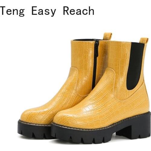 Chelsea Boots 2021 Female Motorcycle Boots Thick Heels Ankle Boot for Women Round Toe Winter Shoe Black Sliver Yellow Womn Boots