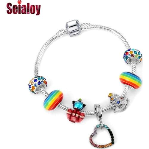 Seialoy Blue & Red Unicorn Beaded Color Heart Charm Bracelets For Boys Girls Original Rainbow Beaded Bracelet Child Bangles Gift