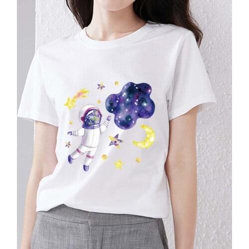Womens T-shirt Simple Casual Slim Cartoon Cute Astronaut Print Round Neck Comfortable and Breathable Ladies Short-sleeved Shirt