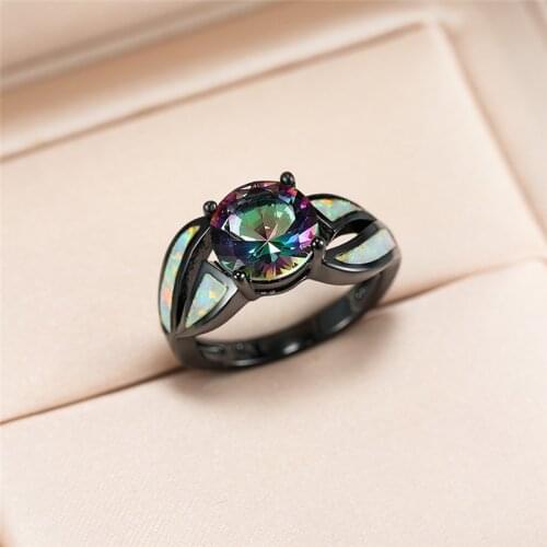 Female Dainty White Opal Stone Ring Fashion Rainbow Round Zircon Engagement Ring Vintage 14KT Black Gold Wedding Rings For Women