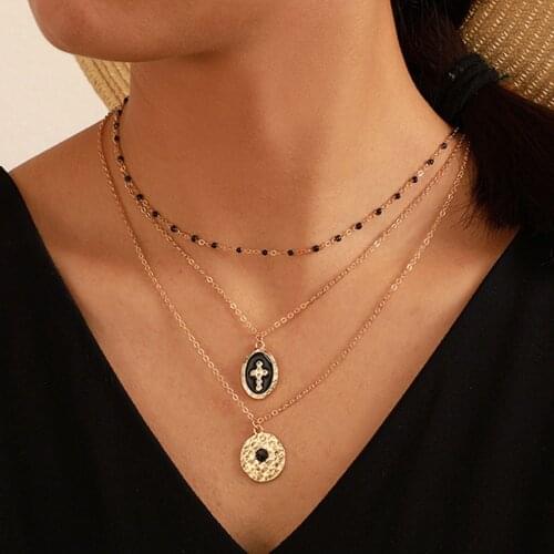 Multi-Layer Necklace Alloy Punk Black Cross Beads Pendant Clavicle Chains For Womens Making Fashion Jewelry Sweater Accessories