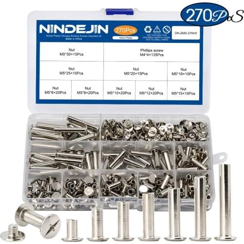 NINDEJIN 270pcs/set chicago screws assortment kit Ni-plated phillips head book binding screws rivet for DIY leather craft