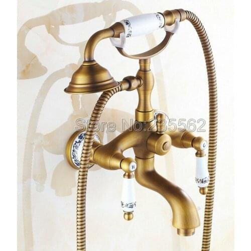 Antique Brass Porcelain Base Wall Mounted Bathroom Shower Faucet Dual Handle Bathtub Faucet with Handheld Shower Spray ltf310