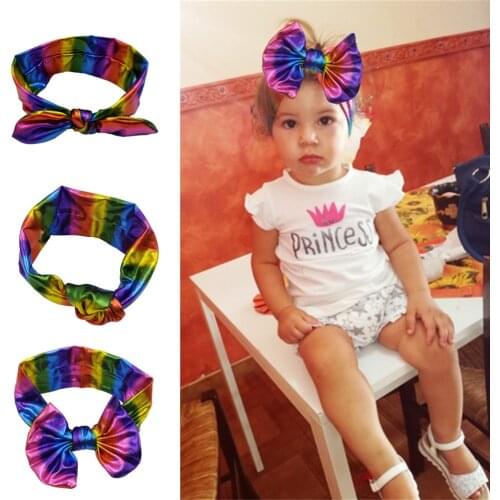 A-STYLE 2018 New Coming Girls Kids Headband Metalic Bow girl rainbow PU laser bow headband 30Pcs/lot