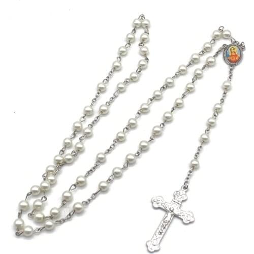 White Pearl Rosary Cross Necklace Catholic Christian Virgin Triangle Prayer Bead Necklace